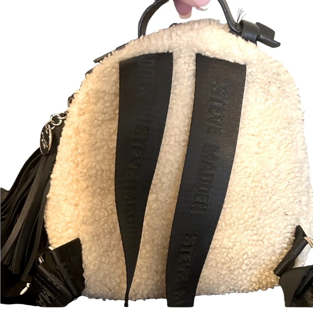 Steve Madden Mini Sherpa Adjustable Backpack Bag | Cream and Black